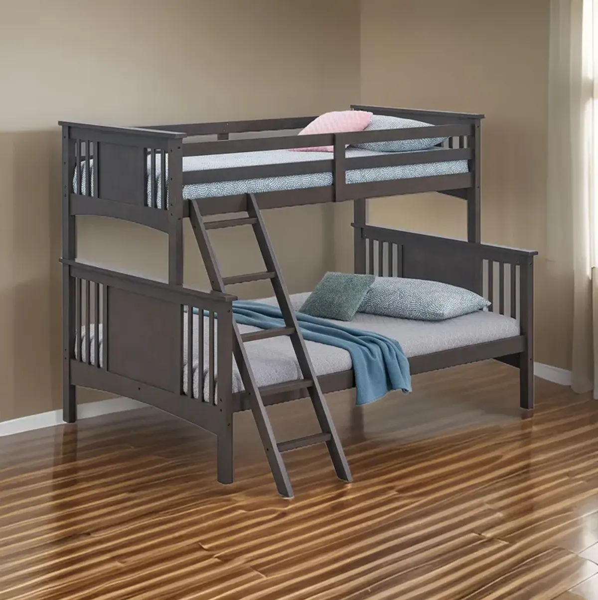 Ricky Twin Over Full Bunk Bed, Angled Ladder, Stain Gray Solid Hardwood