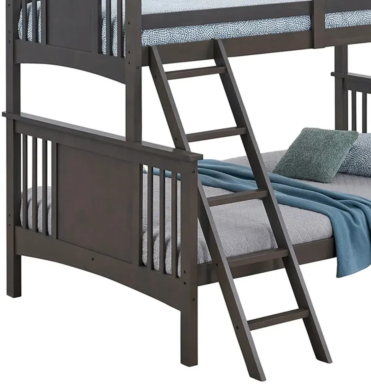 Ricky Twin Over Full Bunk Bed, Angled Ladder, Stain Gray Solid Hardwood