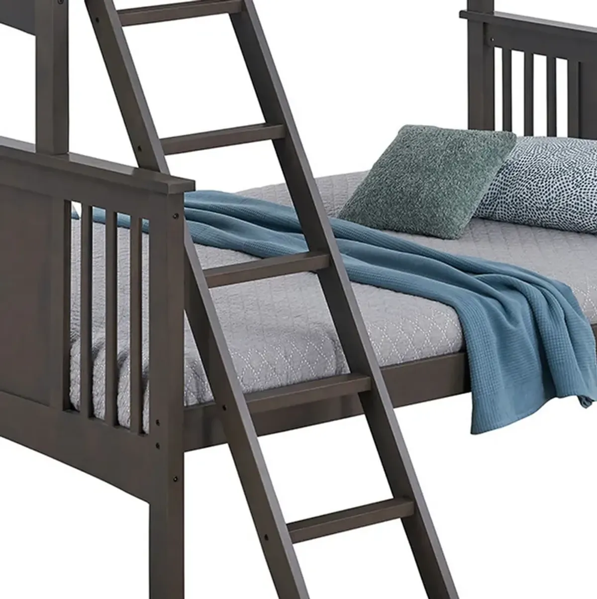 Ricky Twin Over Full Bunk Bed, Angled Ladder, Stain Gray Solid Hardwood