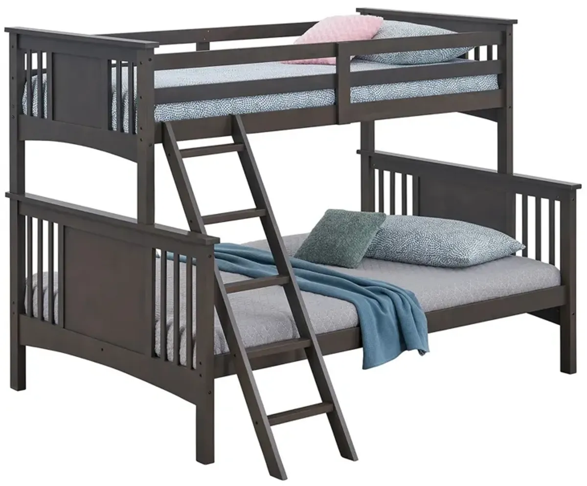 Ricky Twin Over Full Bunk Bed, Angled Ladder, Stain Gray Solid Hardwood