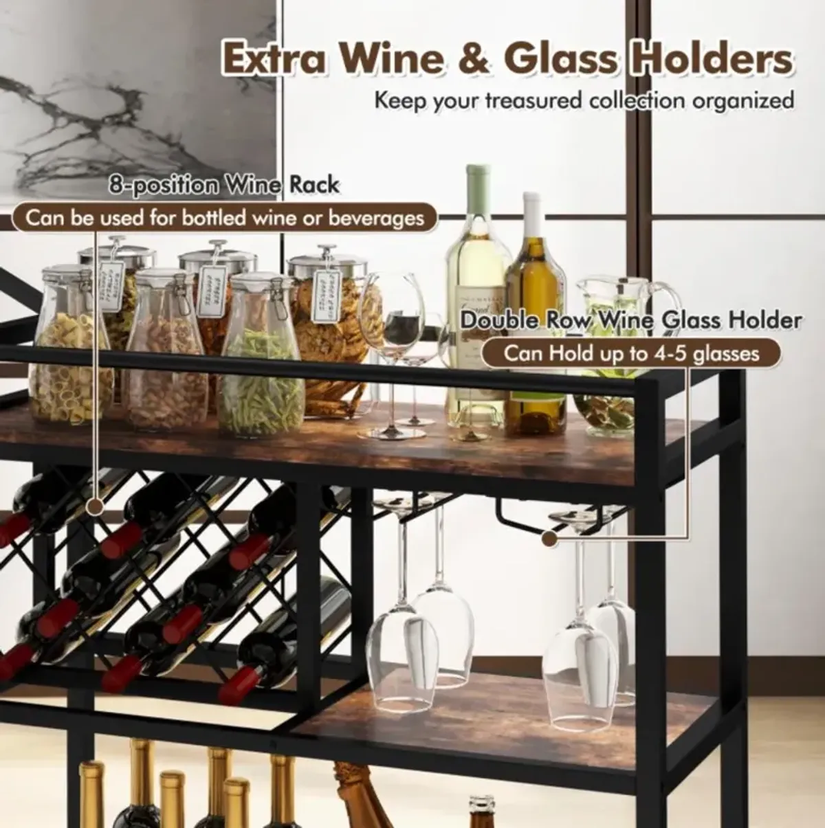 Hivvago 3-tier Bar Cart on Wheels Home Kitchen Serving Cart with Wine Rack and Glasses Holder