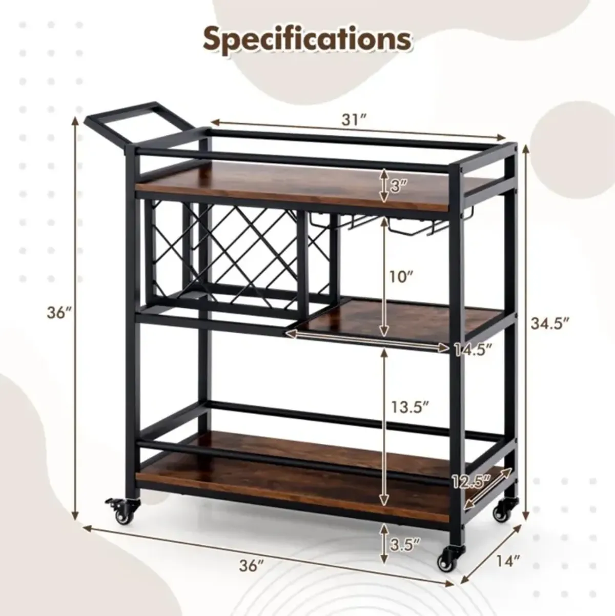 Hivvago 3-tier Bar Cart on Wheels Home Kitchen Serving Cart with Wine Rack and Glasses Holder