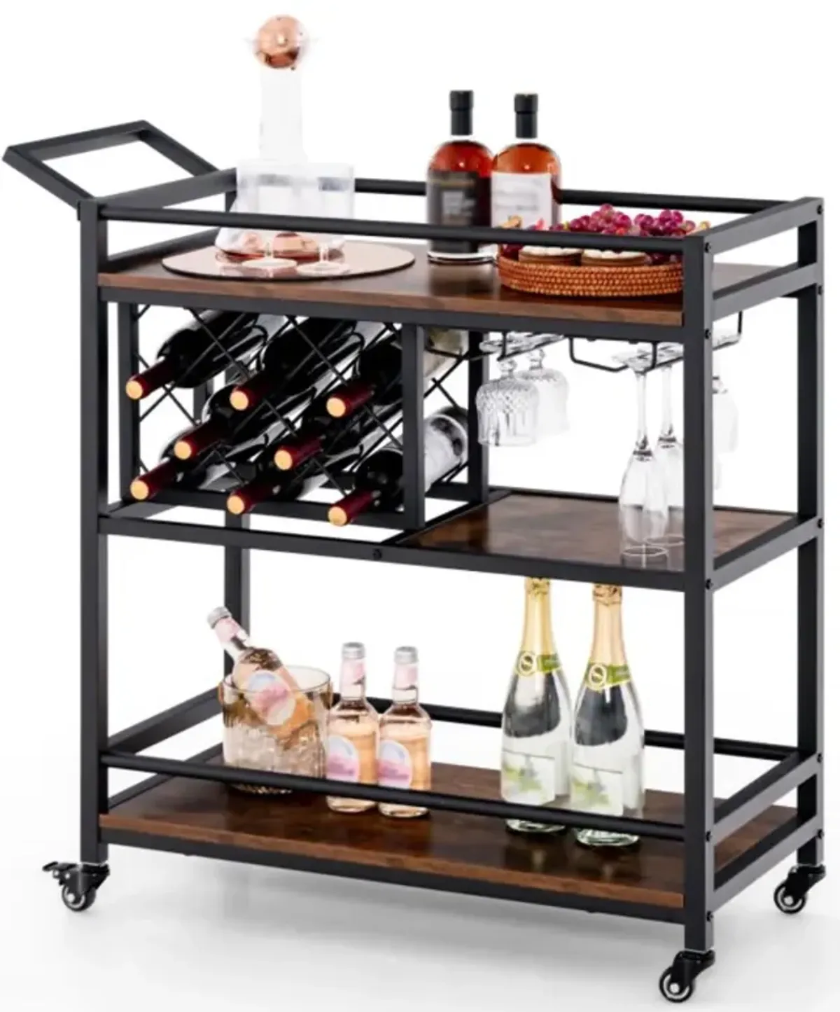 Hivvago 3-tier Bar Cart on Wheels Home Kitchen Serving Cart with Wine Rack and Glasses Holder