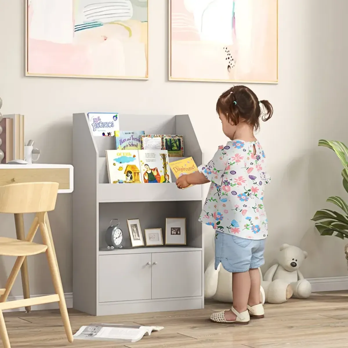 Gray Kids' Storage Cabinet: Bookshelf, Multi-Use for Playroom