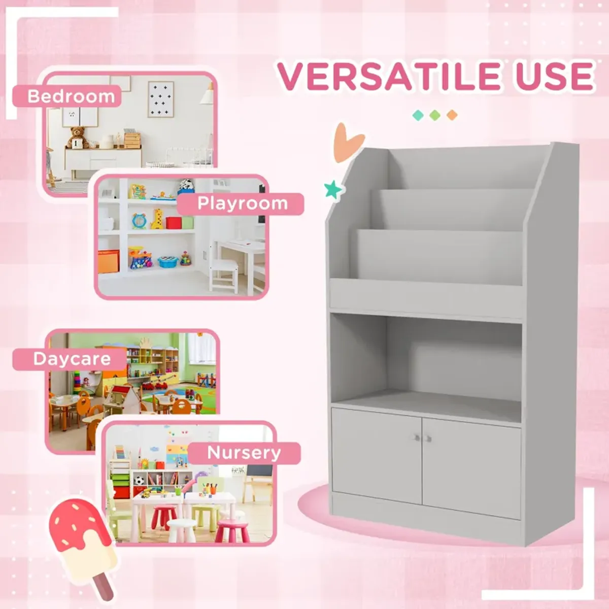 Gray Kids' Storage Cabinet: Bookshelf, Multi-Use for Playroom