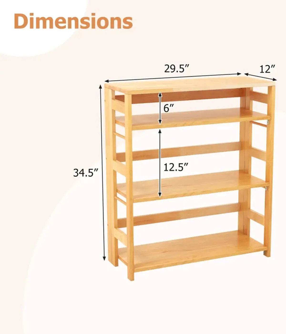 4-Tier Bookshelf Rubber Wood Bookcase with Side Fences for Living Room