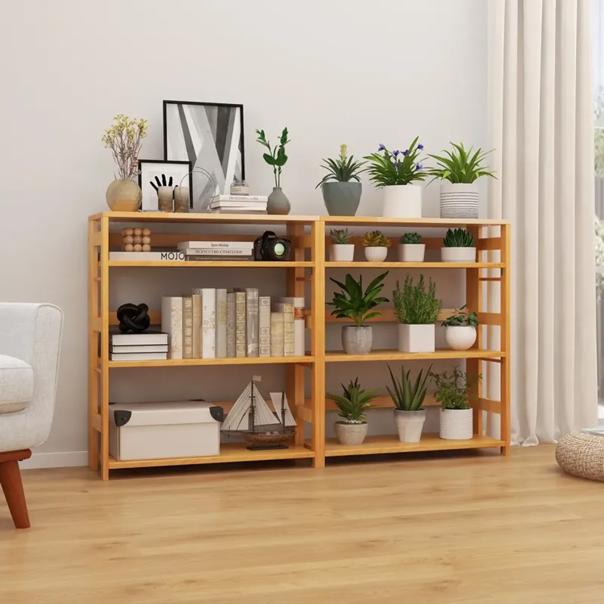 4-Tier Bookshelf Rubber Wood Bookcase with Side Fences for Living Room