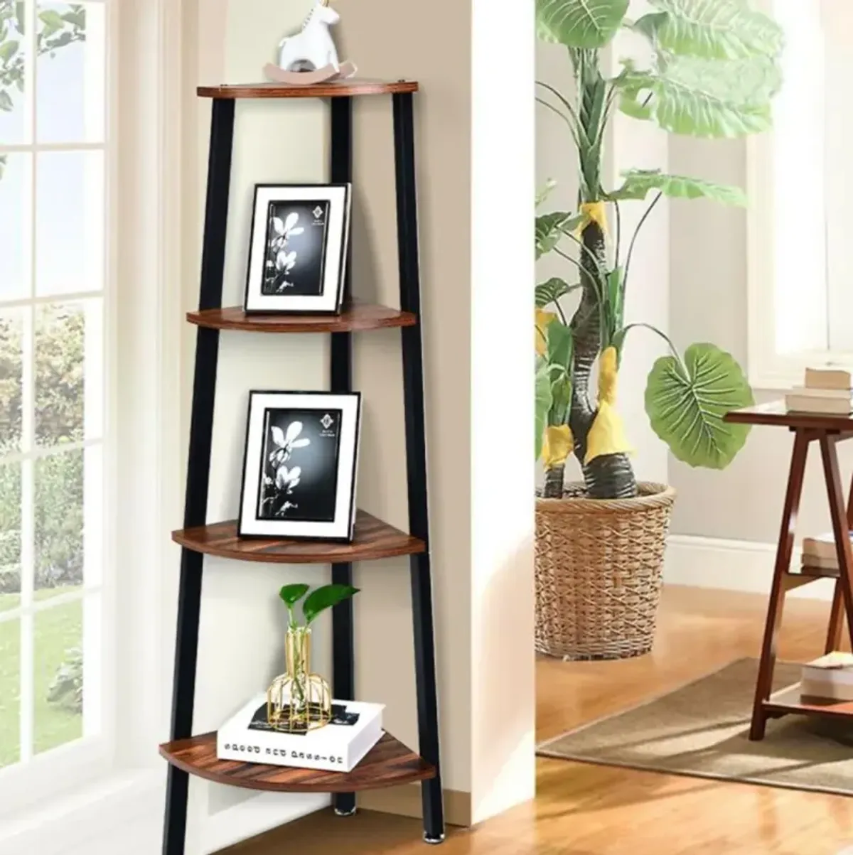 Hivvago 4-Tier Corner Shelf Metal Storage Rack Domestic Bookcase-Black