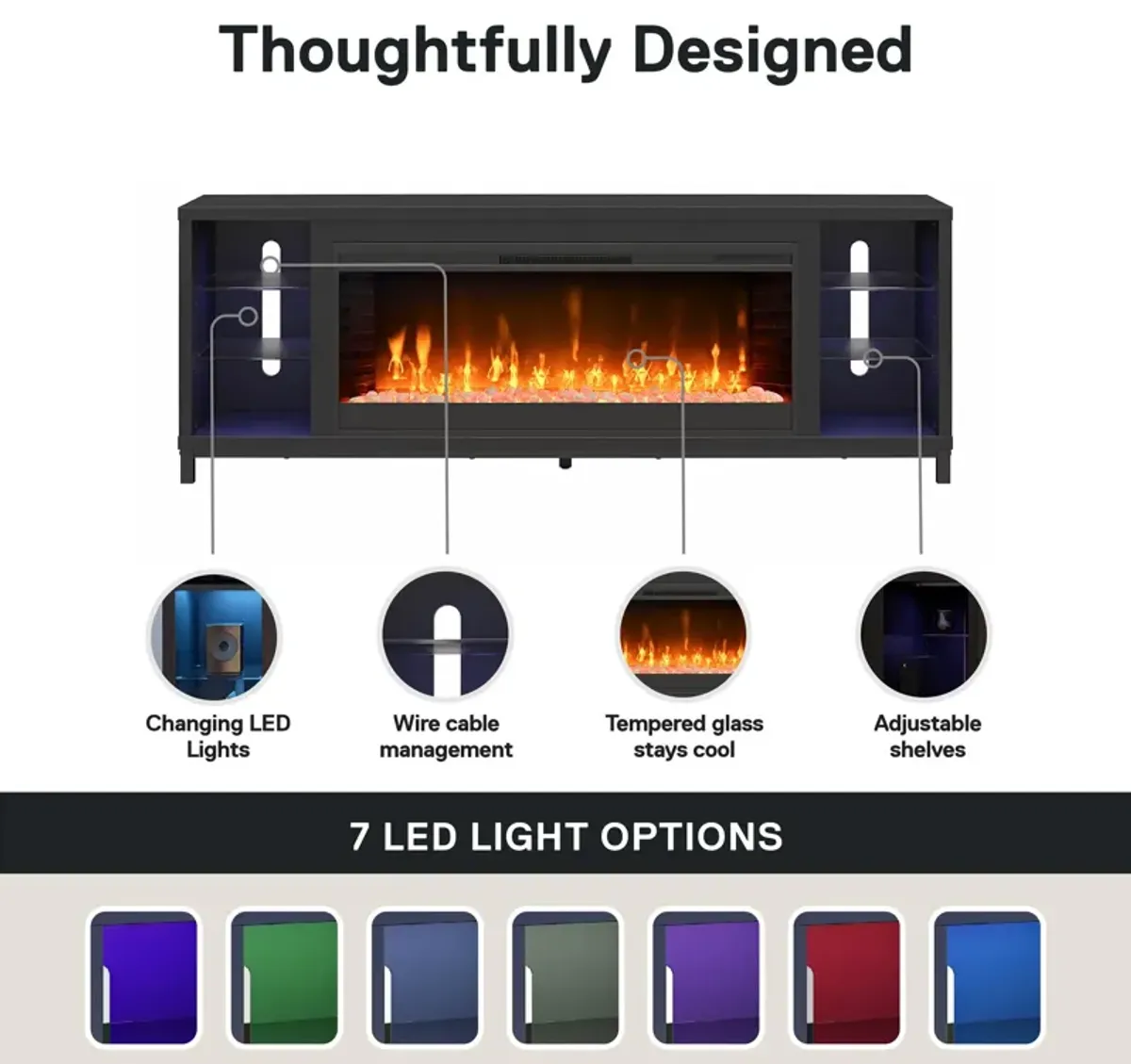 Ameriwood Home Lumina Modern Multi-Color Electric Fireplace Media Console with Crystals for TVs up to 70"