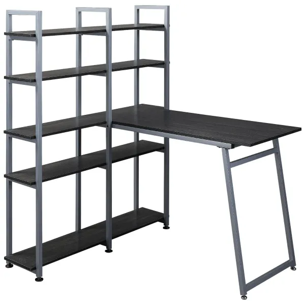 Black/Grey Study Corner: 5-Tier L-Shaped Desk with Hutch and Shelves