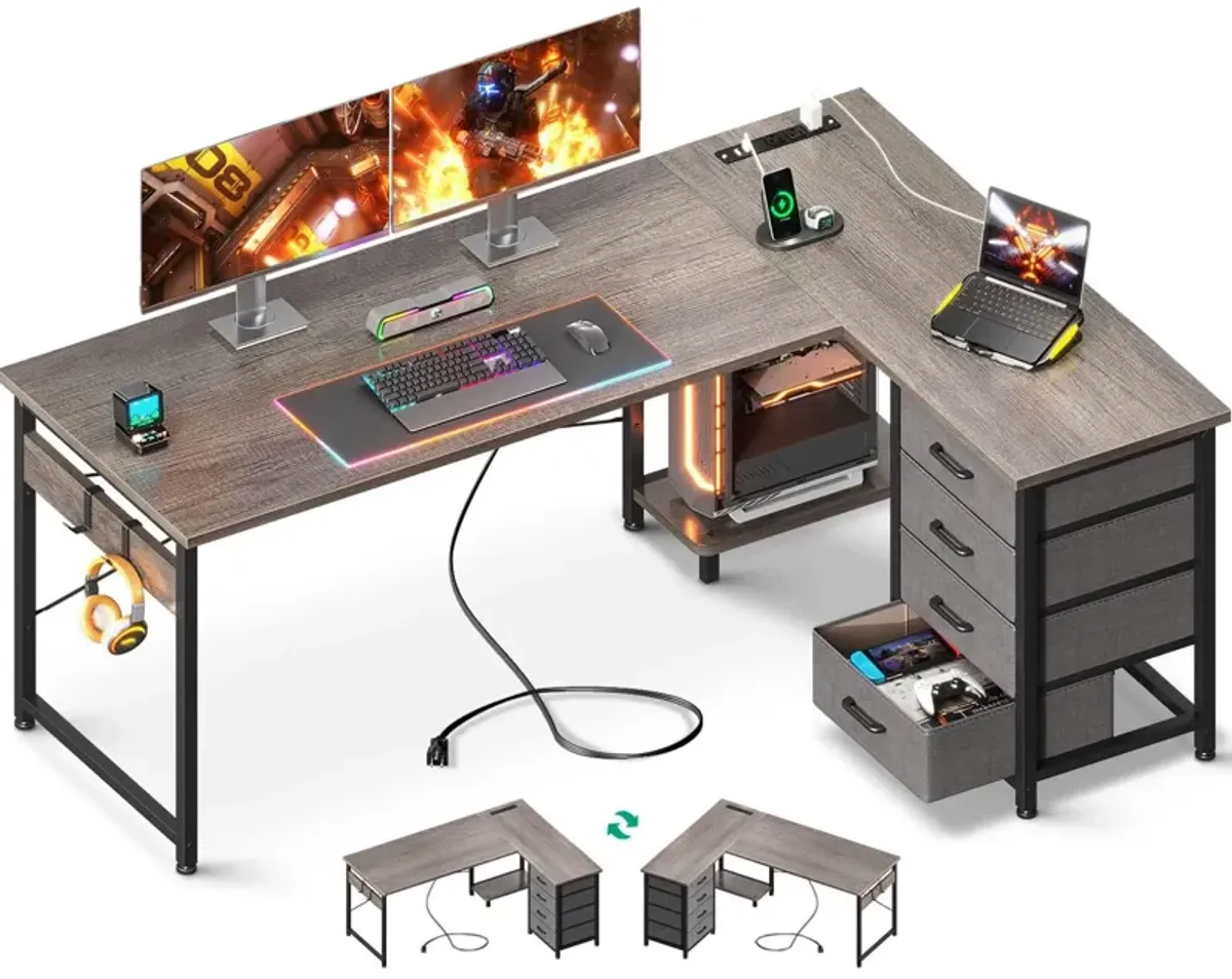 AODK L Shaped Desk with 4 Tier Drawers, 61 Reversible Gaming Desk with Power Outlets, L Shaped Computer Desk with USB Charging