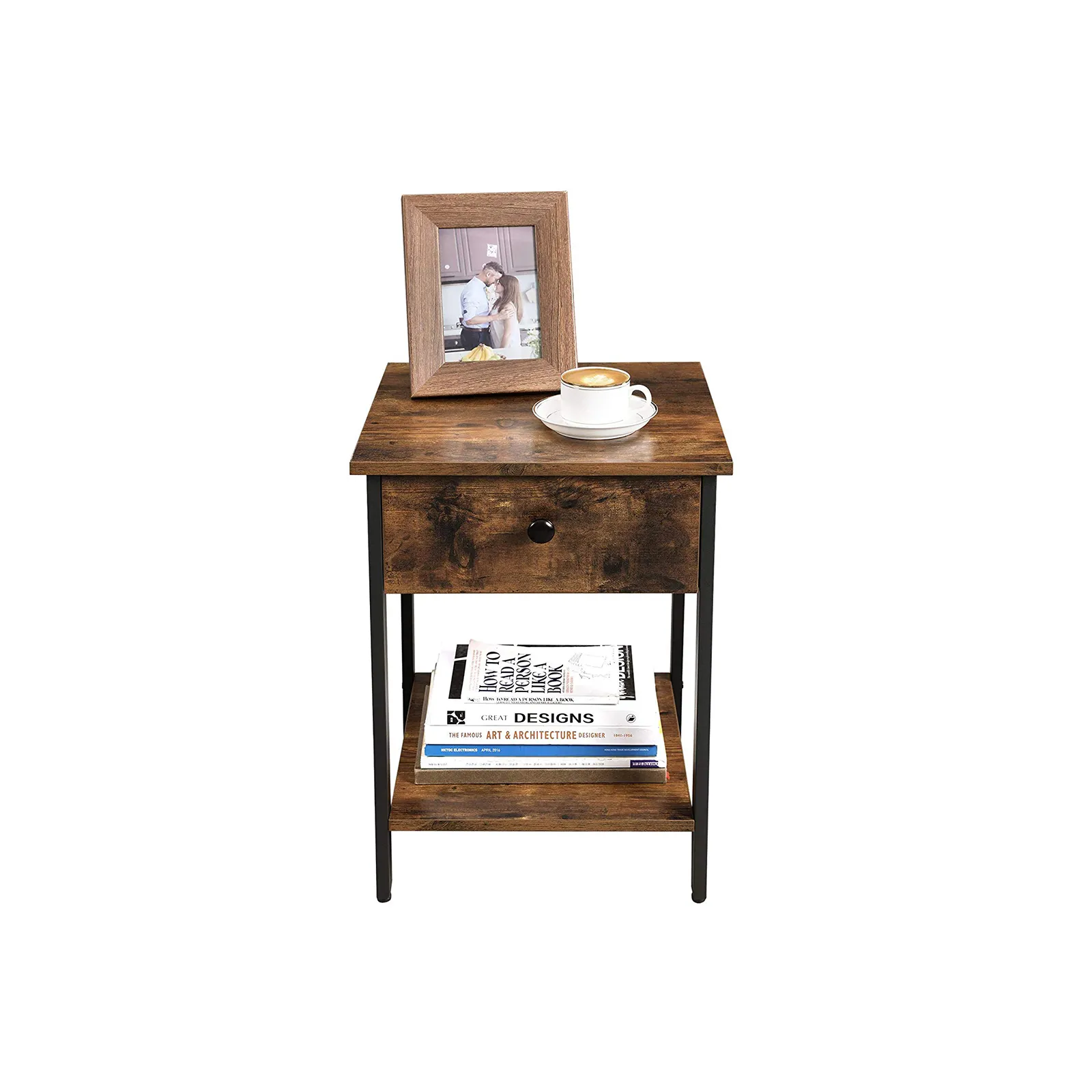 Hivvago Industrial Rustic Brown Nightstand with Drawer