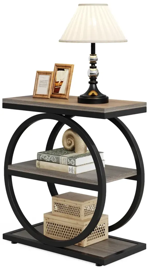 End Table, Narrow End Table with 3 Storage Shelves, Wood Side Table with Black Metal Frames, Industrial Small Sofa Side Table for Living Room, Grey Nightstand and Bedside Table for Bedroom