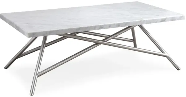 Benjara Cloe 50 Inch Rectangular Coffee Table, Marble Top, Geometric Base, White and Silver