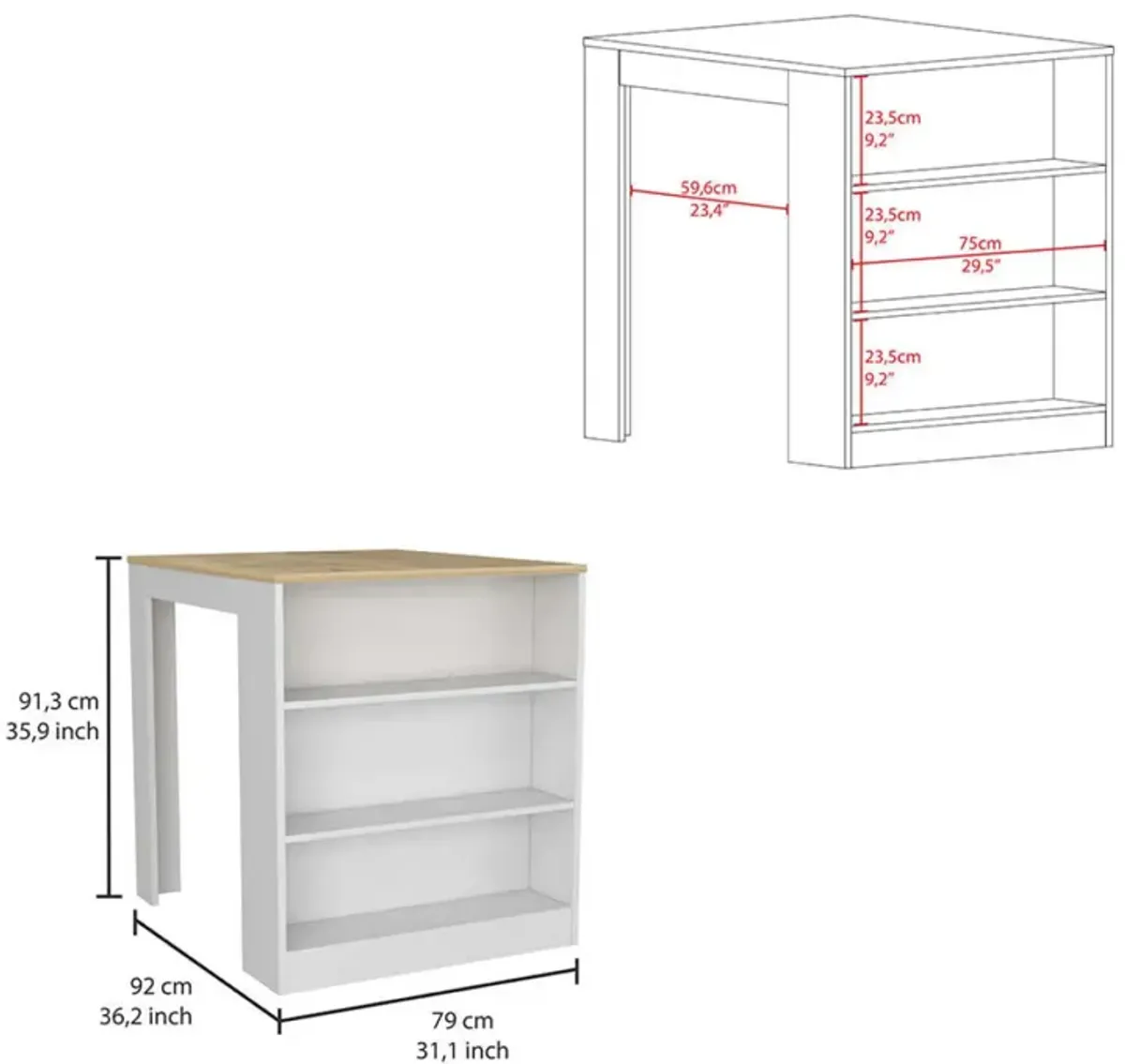 Monroe 2 Piece Kitchen Set, Milos Kitchen Island Table + Barbados Pantry Cabinet, White Light Oak