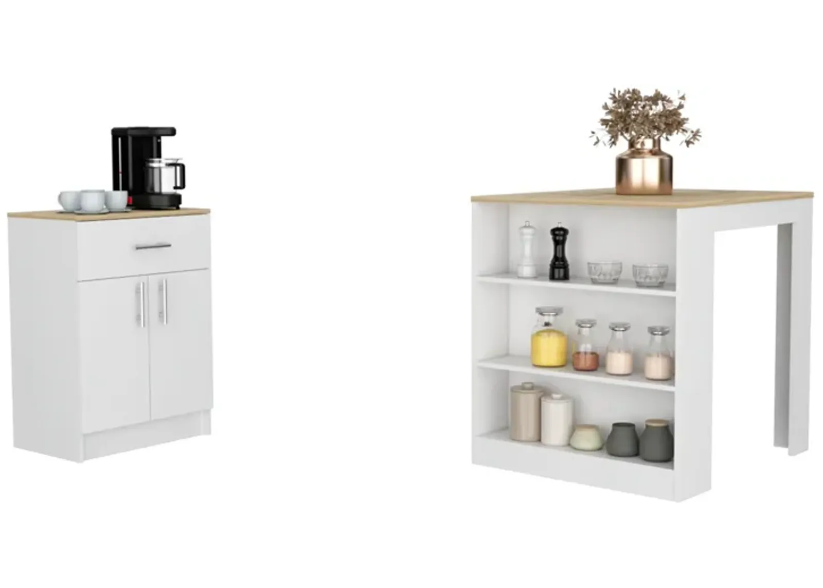 Monroe 2 Piece Kitchen Set, Milos Kitchen Island Table + Barbados Pantry Cabinet, White Light Oak