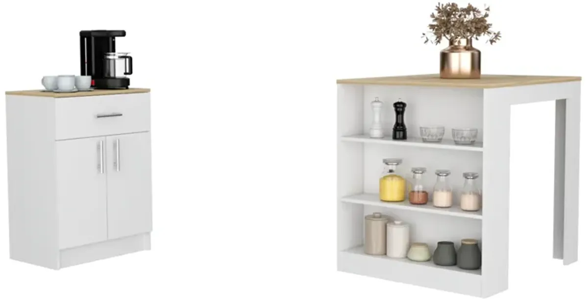 Monroe 2 Piece Kitchen Set, Milos Kitchen Island Table + Barbados Pantry Cabinet, White Light Oak