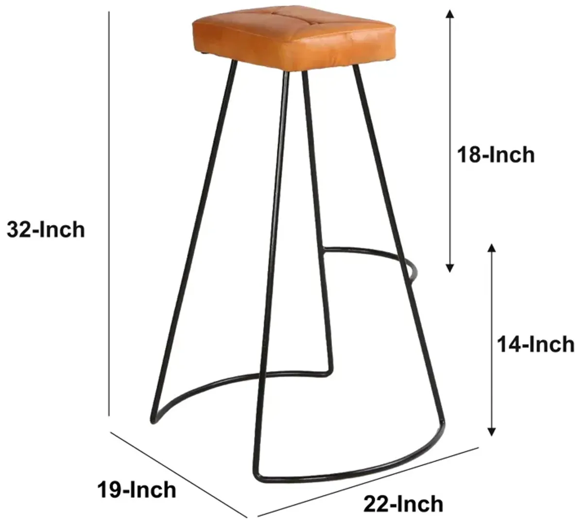 32 Inch Modern Bar Stool, Genuine Leather Seat, Metal Frame, Button Tufted, Tan Brown, Black-Benzara