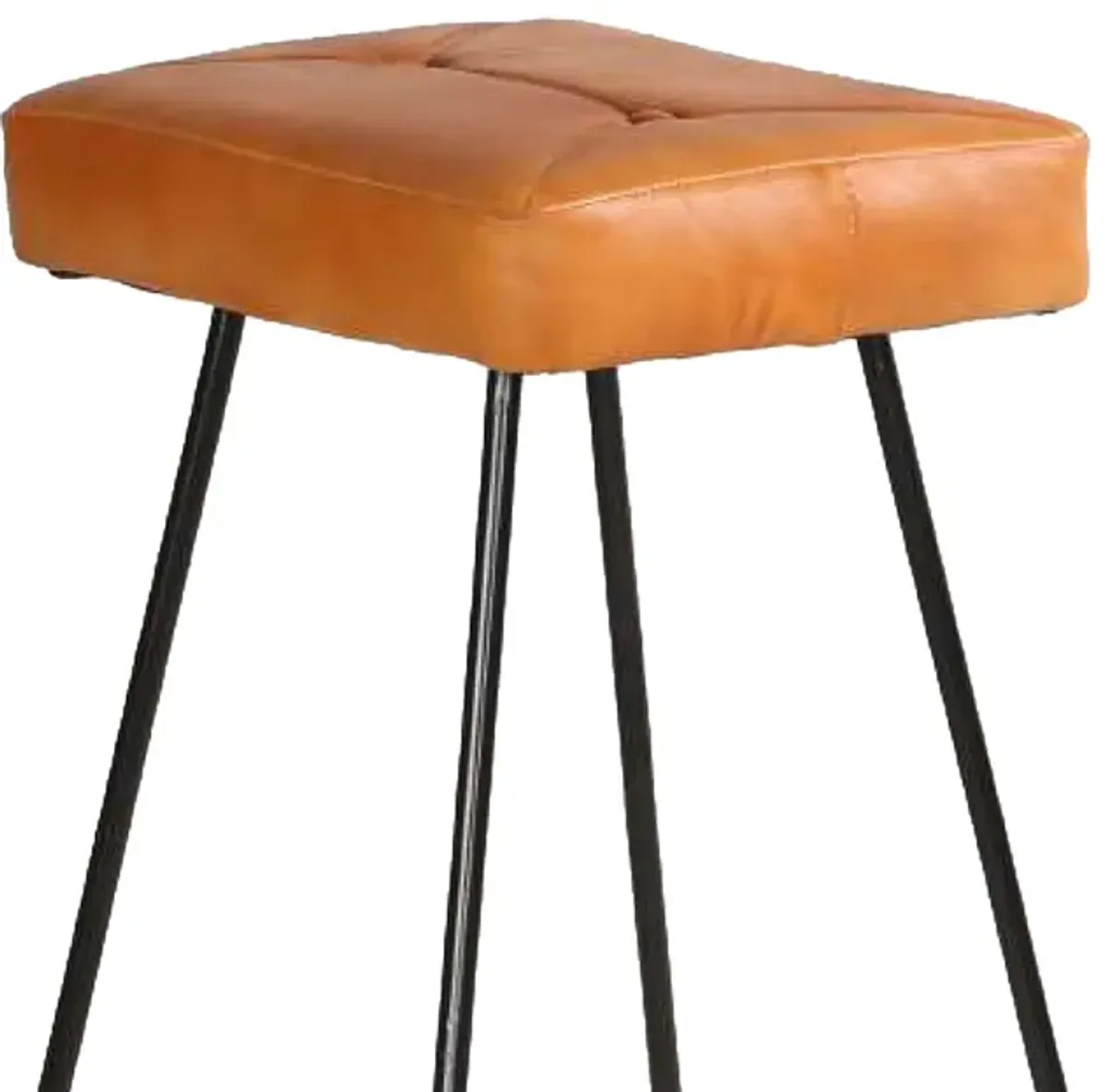 32 Inch Modern Bar Stool, Genuine Leather Seat, Metal Frame, Button Tufted, Tan Brown, Black-Benzara