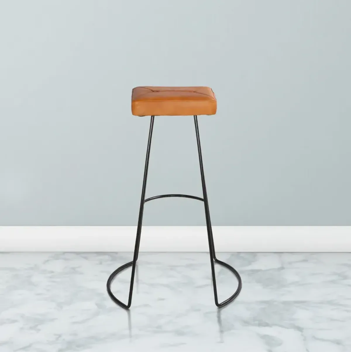 32 Inch Modern Bar Stool, Genuine Leather Seat, Metal Frame, Button Tufted, Tan Brown, Black-Benzara