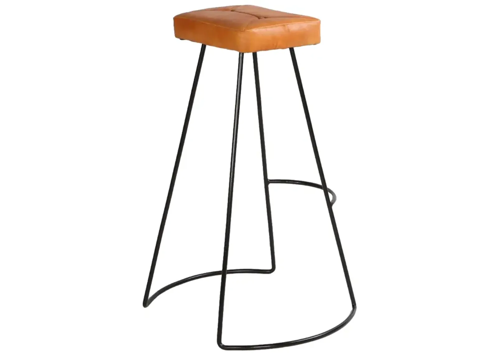 32 Inch Modern Bar Stool, Genuine Leather Seat, Metal Frame, Button Tufted, Tan Brown, Black-Benzara