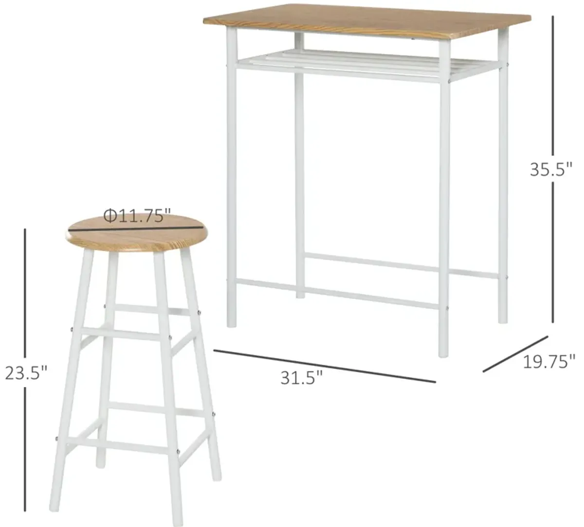 White Oak Dining Set: 3-Piece Counter-Height Bar Table and Stools