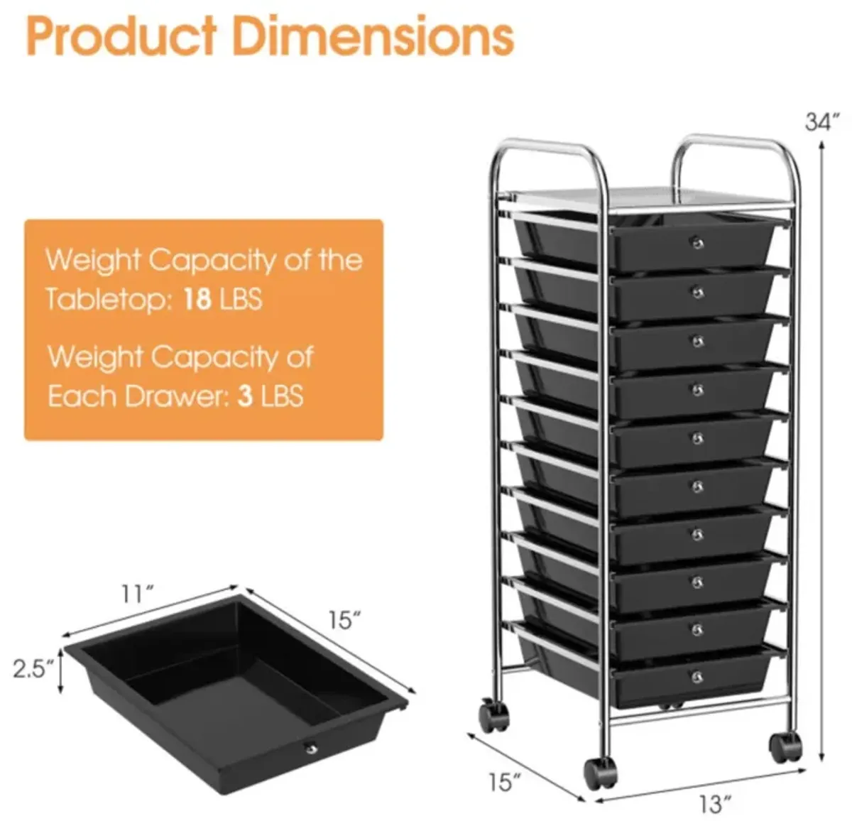 Hivvago 10 Drawer Rolling Storage Cart Organizer with 4 Universal Casters