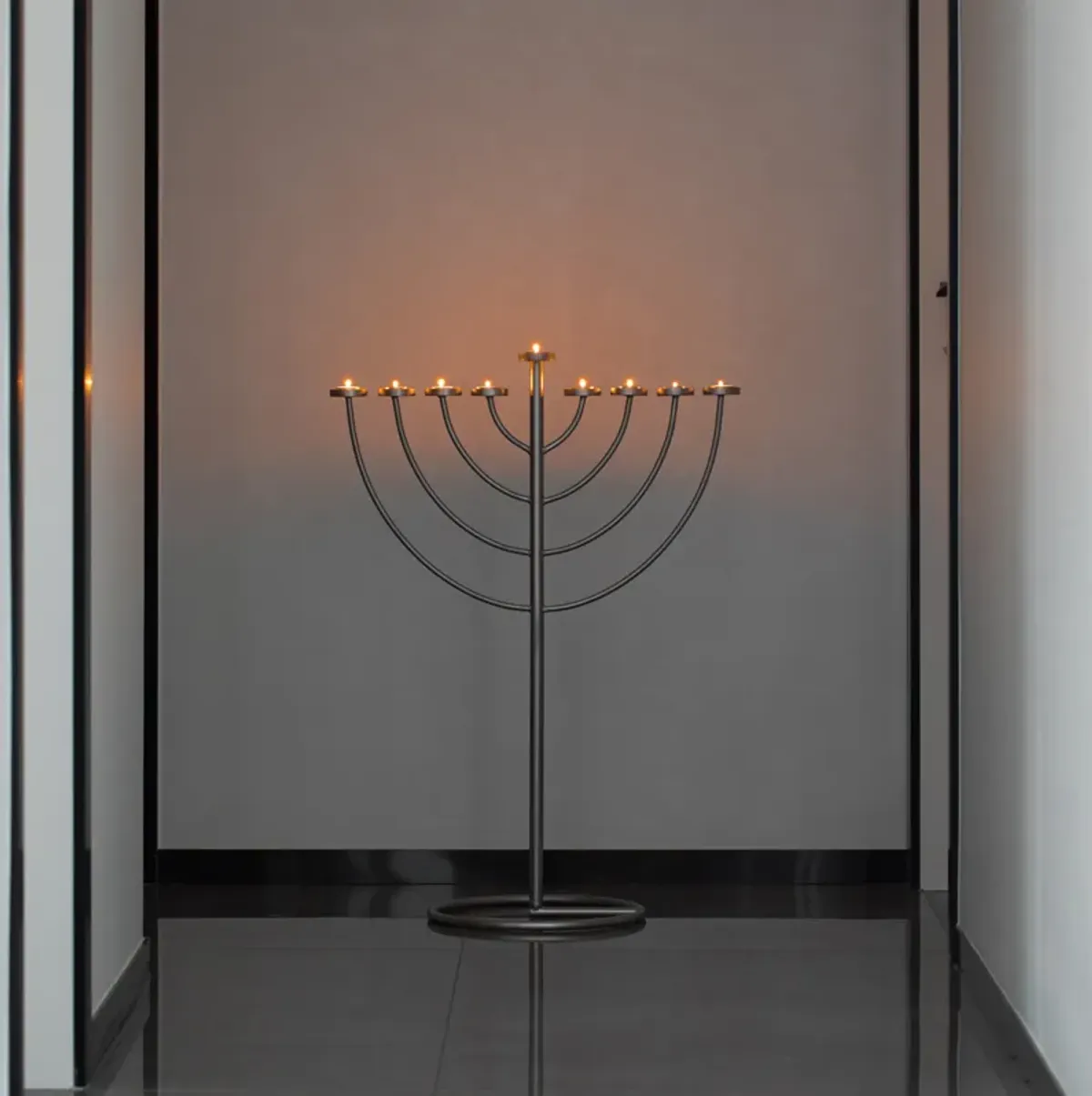 Medium Modern Silver 9 Branch Lighting Thin Pipe Hanukkah Menorah, Metal-Aluminum