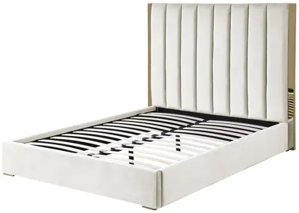 Best Master Furniture Jalen Beige Velvet Queen Platform Bed with Gold Accents