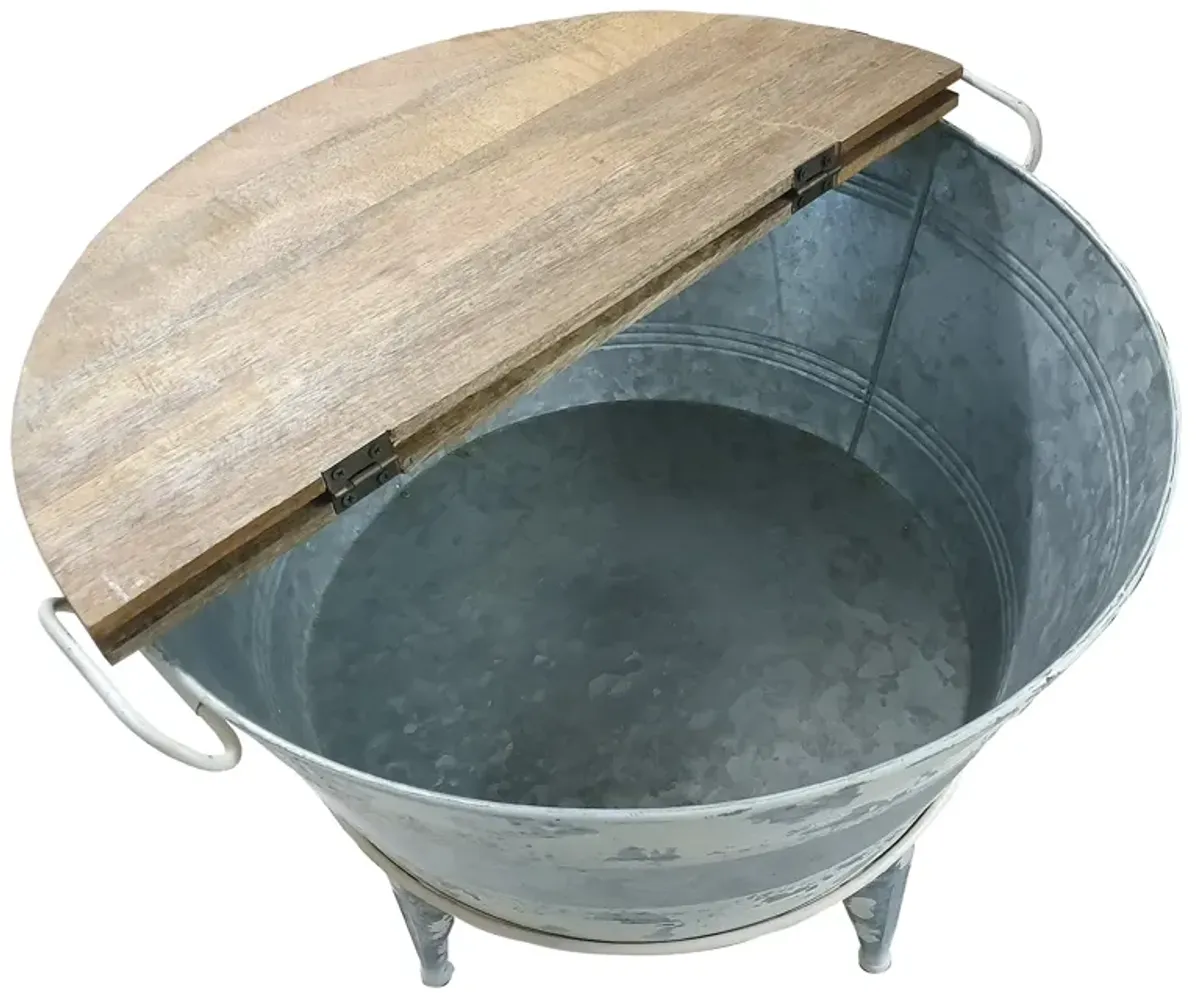 26 inch Accent Round Cocktail Table, Tub Like Iron Base, Brown, Gray, Washed White - Benzara