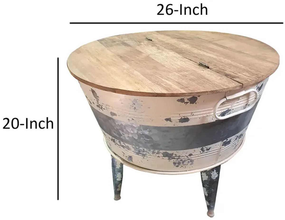 26 inch Accent Round Cocktail Table, Tub Like Iron Base, Brown, Gray, Washed White - Benzara