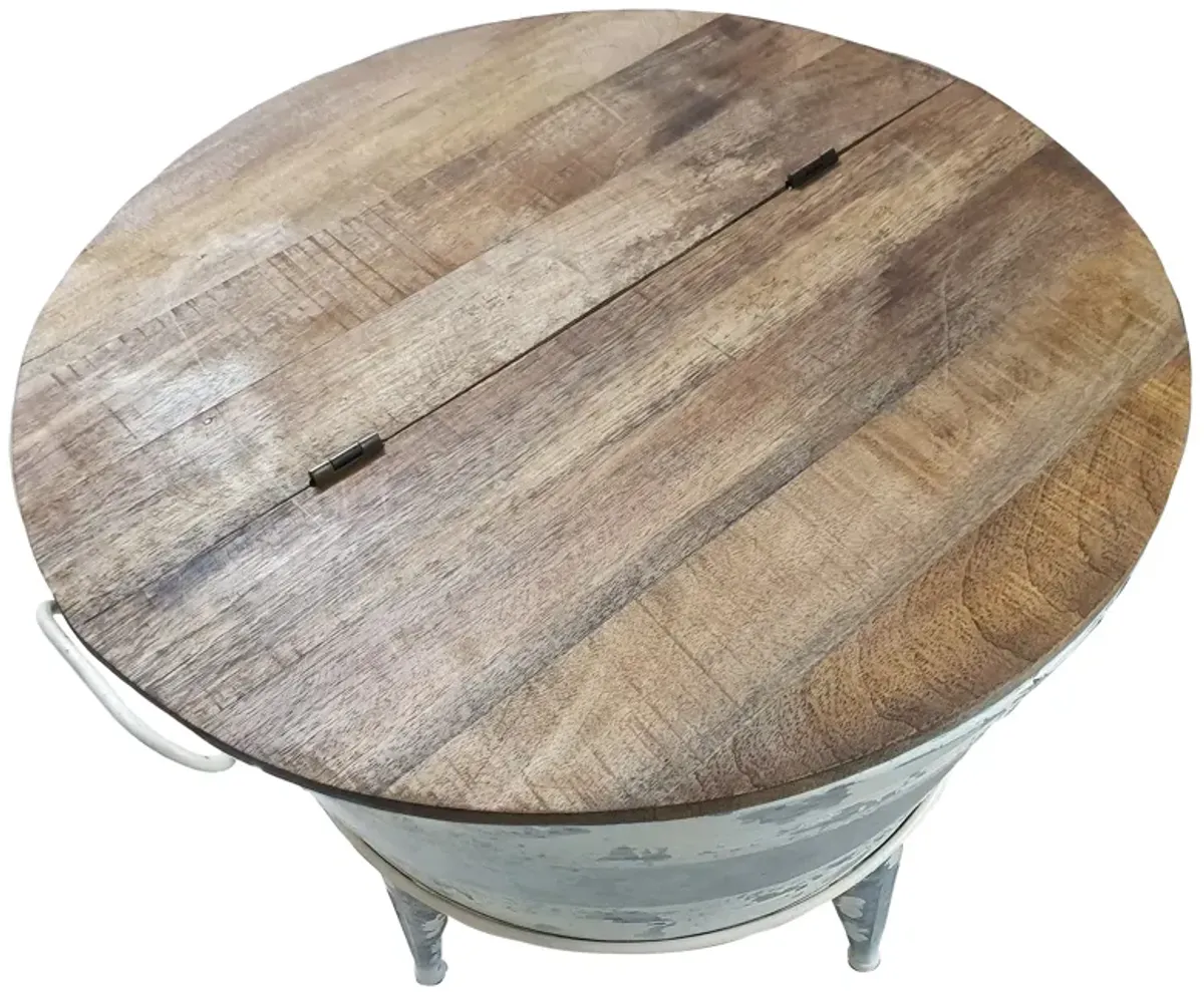 26 inch Accent Round Cocktail Table, Tub Like Iron Base, Brown, Gray, Washed White - Benzara