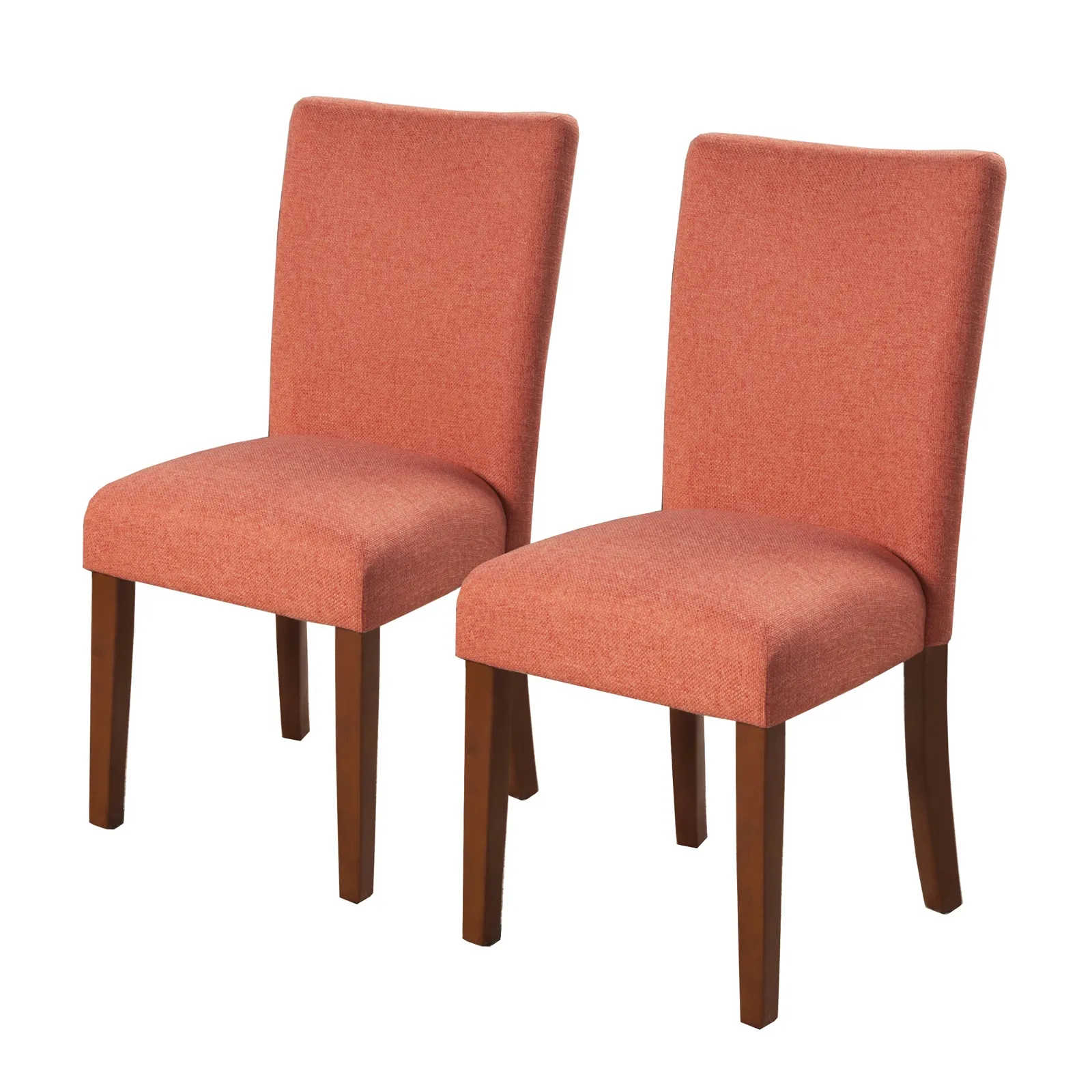 Fabric Upholstered Parson Dining Chair with Wooden Legs, Orange and Brown, Set of Two - Benzara