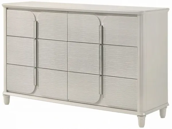 Veda Wide Dresser, Luxurious Pearl White Wood Finish, 6 Modern Drawers - Benzara