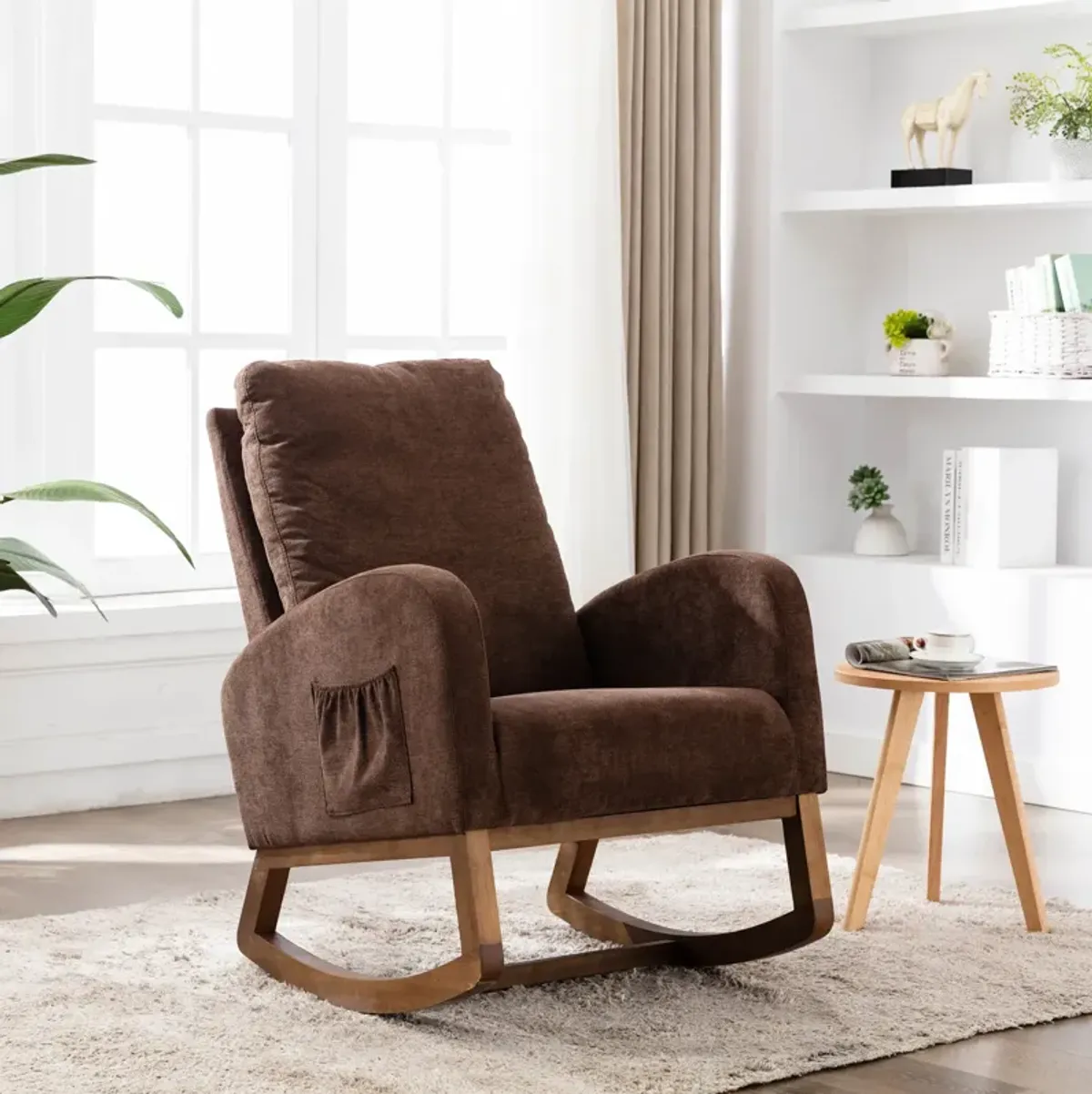 MONDAWE Rocking Chair, Modern Recliner Armchair with Wood Legs and Side Pocket, Nursery Rocking Accent Chair with High Back for Living Room Bedroom