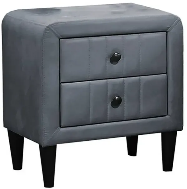 Rheo Nightstand, 2 Drawers, 22 Inch Upholstered in Dark Gray Velvet - Benzara