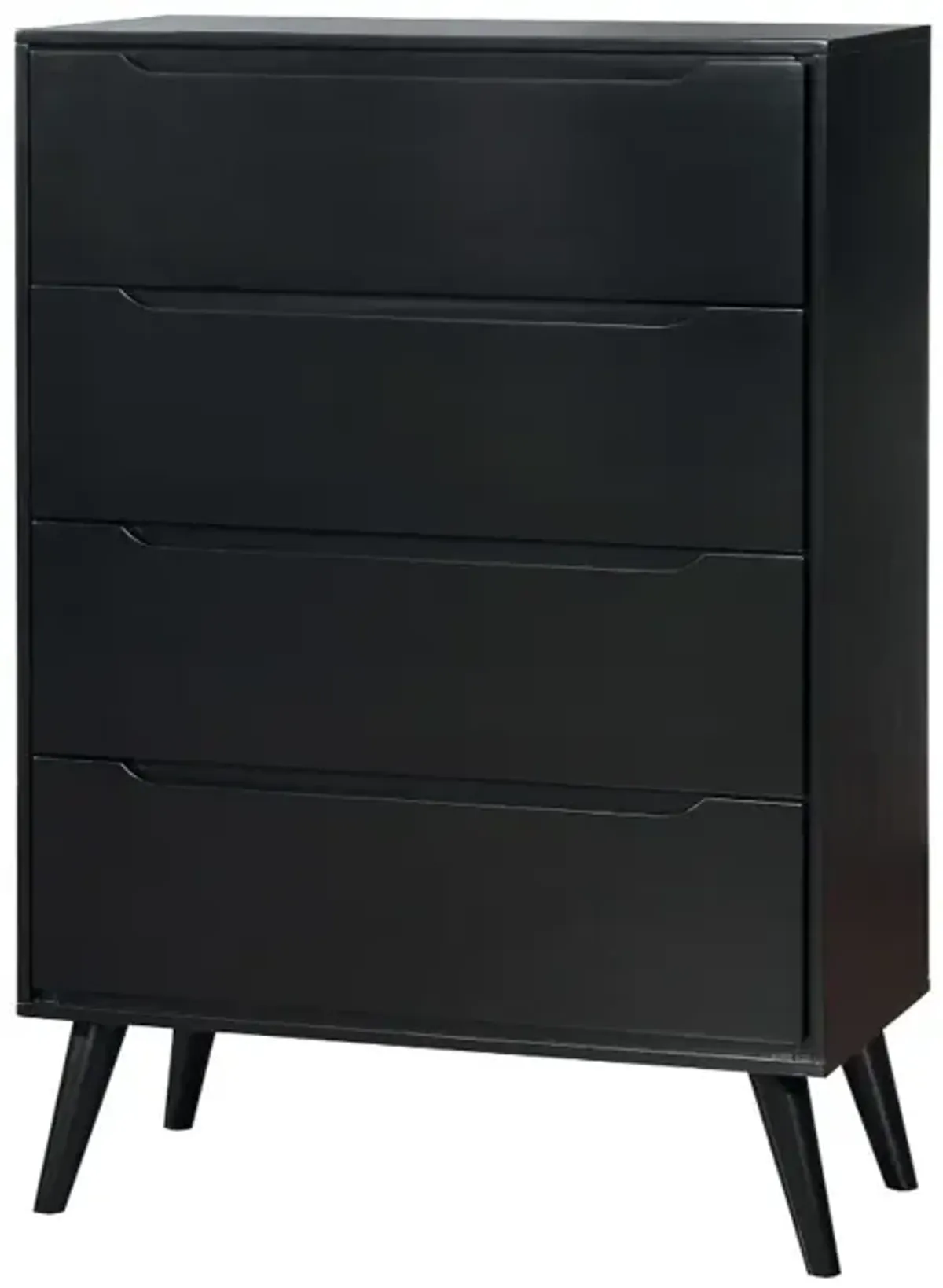 4 Drawer Wooden Chest With Round Tapered Legs, Black-Benzara