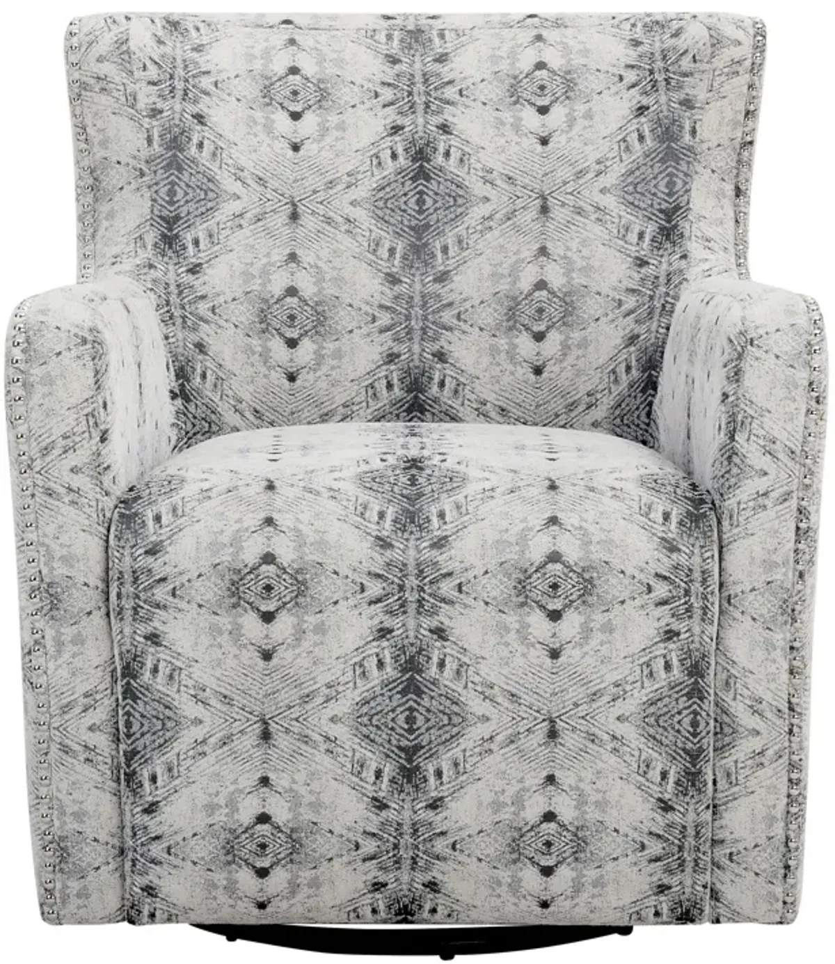 32 Inch Swivel Accent Chair, Gray Black Patterned Polyester, Solid Wood - Benzara