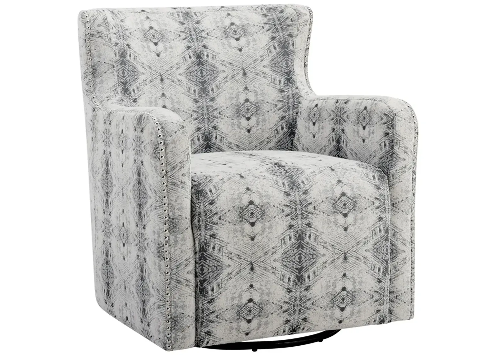 32 Inch Swivel Accent Chair, Gray Black Patterned Polyester, Solid Wood - Benzara