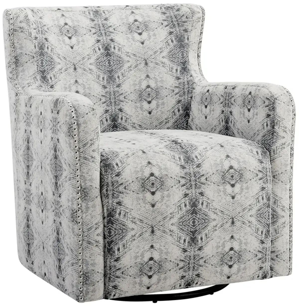 32 Inch Swivel Accent Chair, Gray Black Patterned Polyester, Solid Wood - Benzara