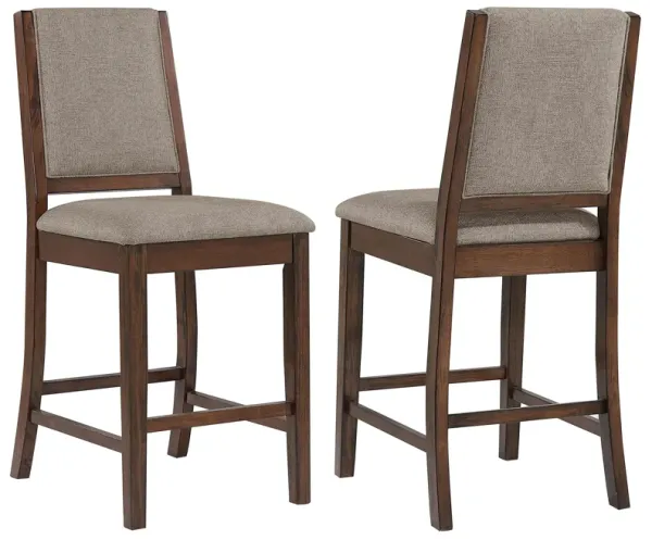 Patter Counter Height Chair Set of 2, Beige Fabric, Dark Brown 26 Inch - Benzara