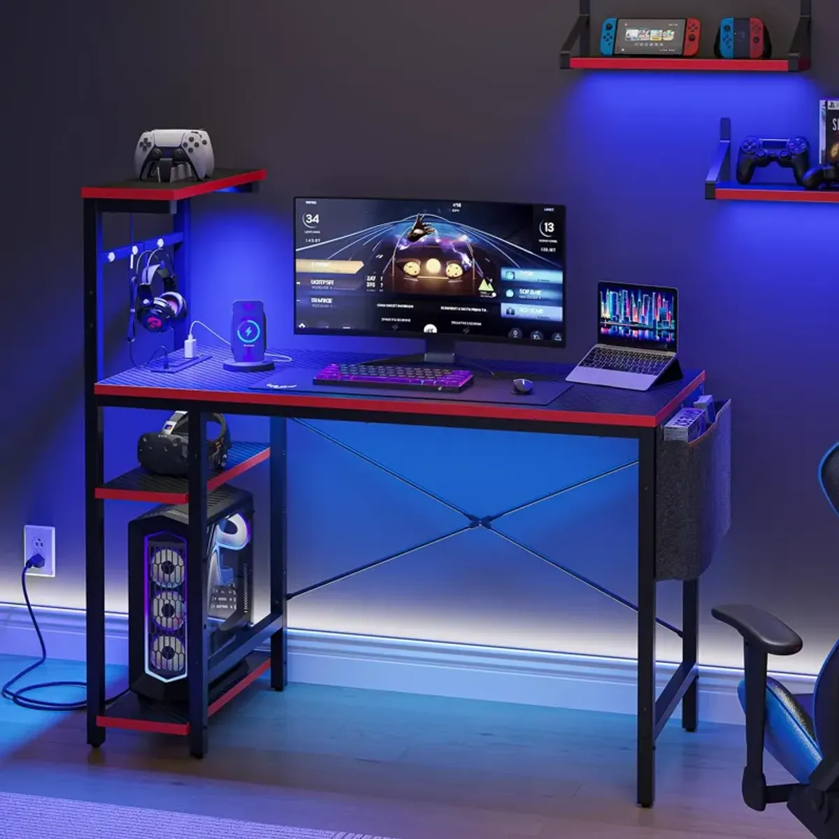 Bestier Gaming Desk with Power Outlets, 44 Inch Led Gamer Desk with 4 Tiers Reversible Shelves, PC Gaming Table with Headset Hoo