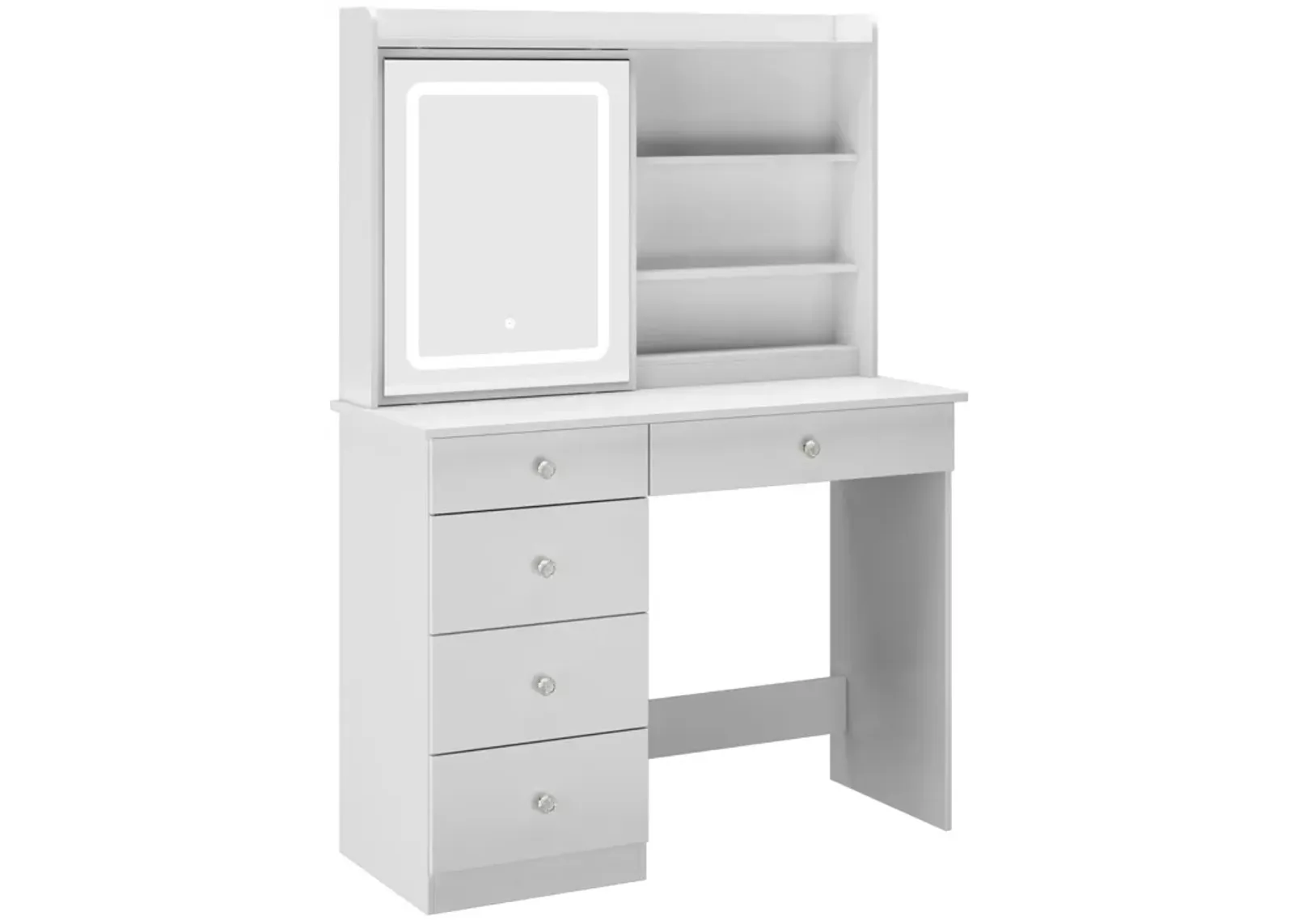 5-Drawers White Wood LED Lights Push-Pull Mirror Makeup Vanity Sets Dressing Table Sets with Stool and Hidden Shelves