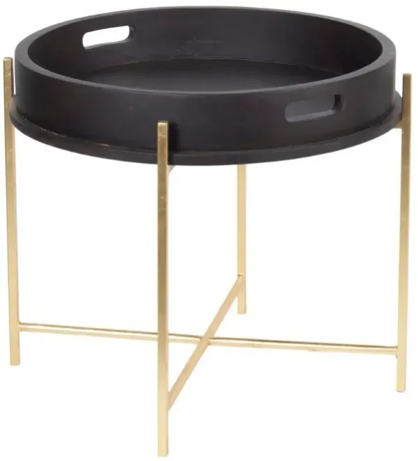 25 Inch Side End Table, Round Black Tray Top, Cutout Handle, Gold Metal - Benzara