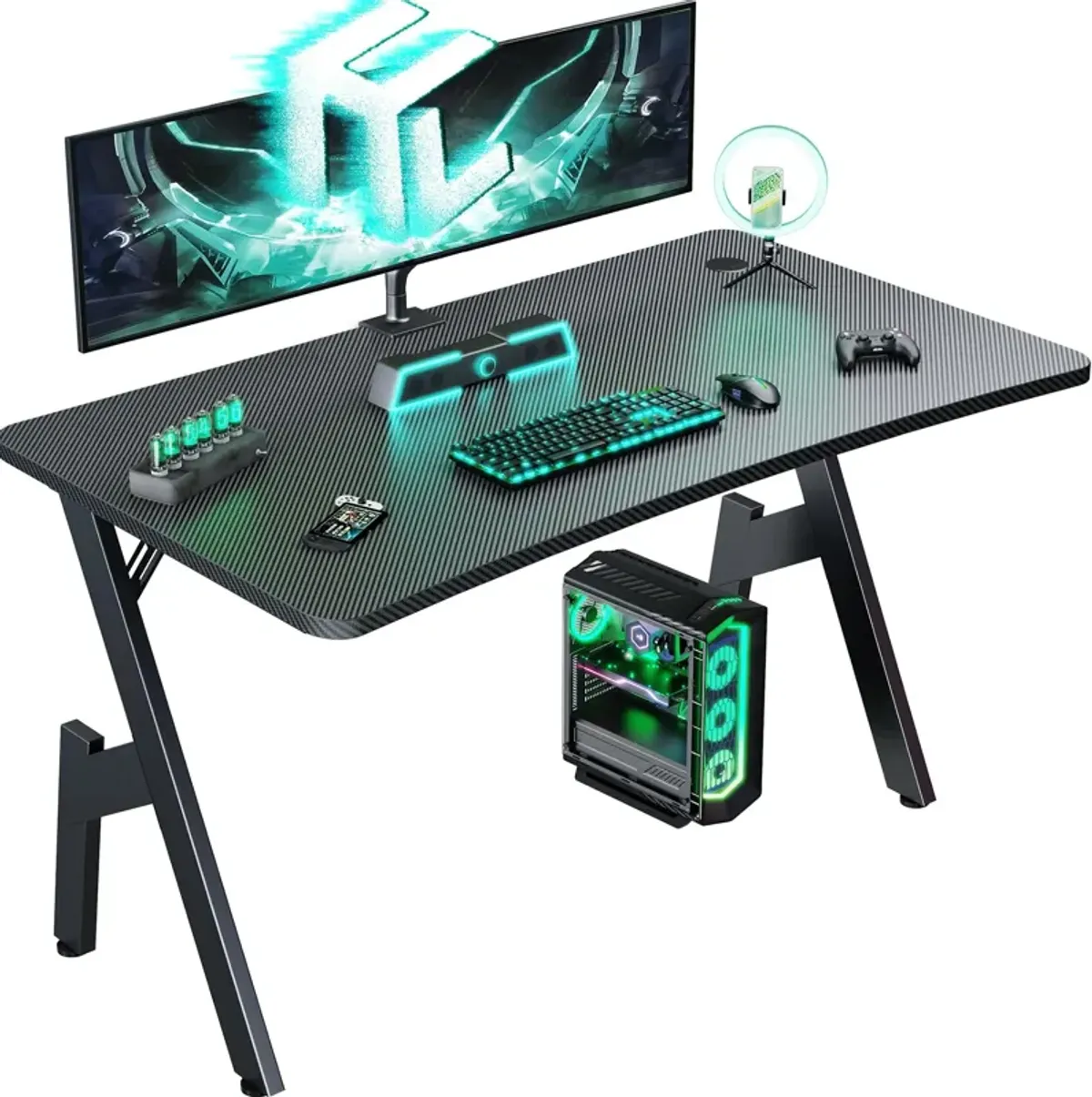HLDIRECT 40 Inch Gaming Desk with Carbon Fibre Surface- A Shape Large Computer Desk Gaming Table Ergonomic Pc Gaming Workstation