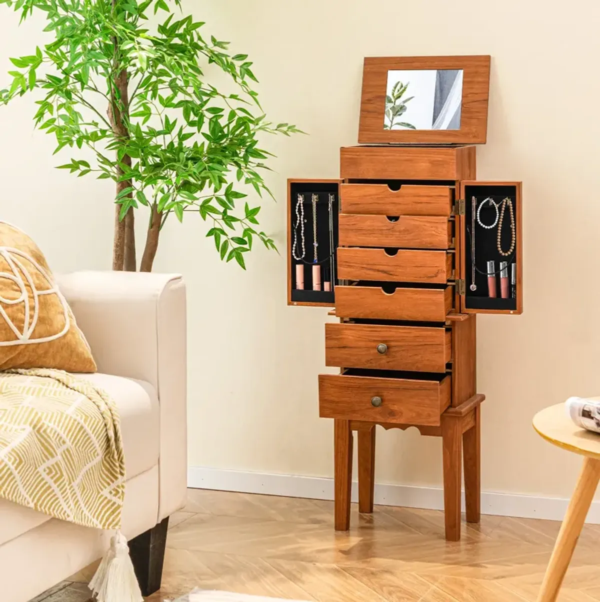 Vintage Jewelry Storage Standing with Top Flip Makeup Mirror