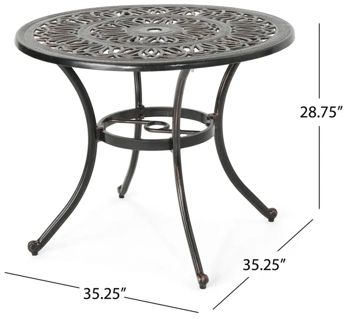 Shaili Outdoor Dining Table, Round 35 Inch Shiny Coppertone Cast Aluminum - Benzara