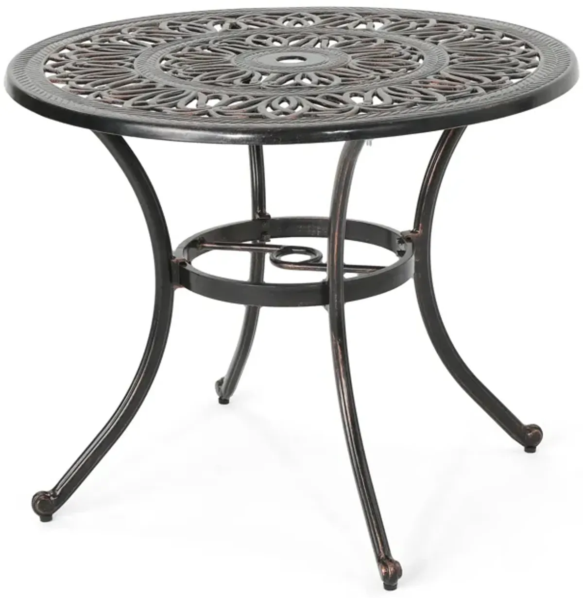 Shaili Outdoor Dining Table, Round 35 Inch Shiny Coppertone Cast Aluminum - Benzara