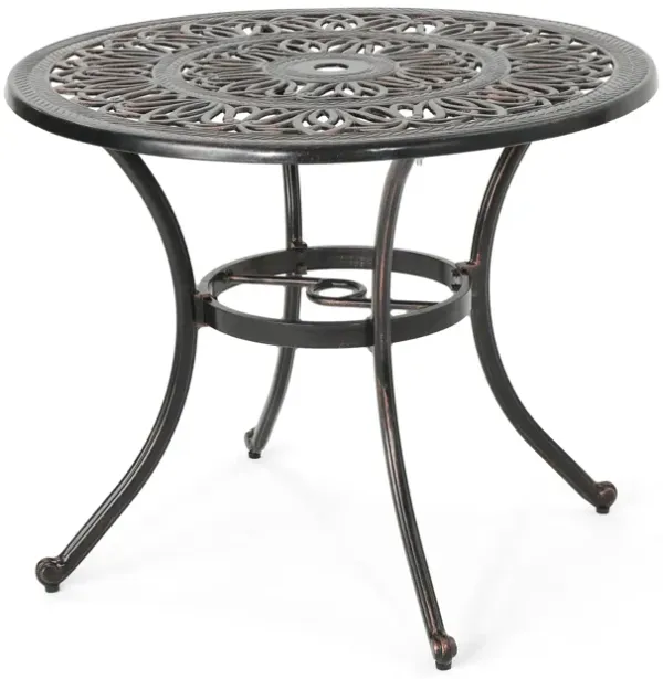 Shaili Outdoor Dining Table, Round 35 Inch Shiny Coppertone Cast Aluminum - Benzara