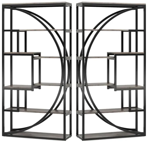 Modern Bookcase, 5 Tier Geometric Display Shelves, 71 Inch Black Metal - Benzara
